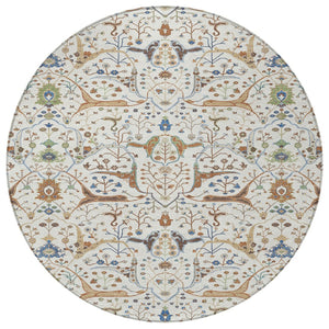 HomeRoots 8' Ivory Copper and Blue Round Floral Washable Rug - Stylish, Durable for Indoor & Outdoor Spaces! 640448