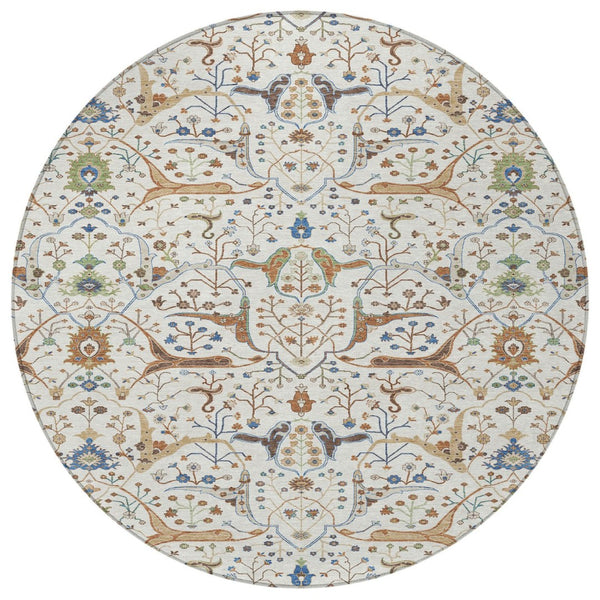 HomeRoots 8' Ivory Copper and Blue Round Floral Washable Rug - Stylish, Durable for Indoor & Outdoor Spaces! 640448