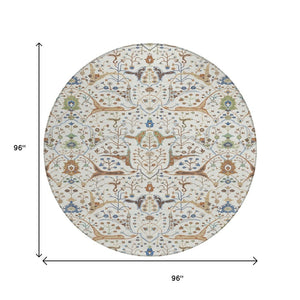 HomeRoots 8' Ivory Copper and Blue Round Floral Washable Rug - Stylish, Durable for Indoor & Outdoor Spaces! 640448