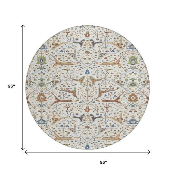 HomeRoots 8' Ivory Copper and Blue Round Floral Washable Rug - Stylish, Durable for Indoor & Outdoor Spaces! 640448