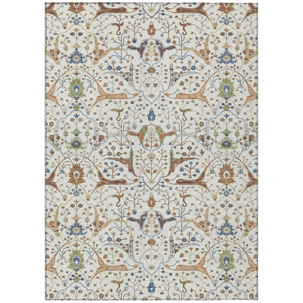 HomeRoots 8' X 10' Washable Floral Area Rug in Ivory, Copper & Blue - Perfect for Indoor & Outdoor Use! 640449