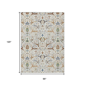HomeRoots 8' X 10' Washable Floral Area Rug in Ivory, Copper & Blue - Perfect for Indoor & Outdoor Use! 640449