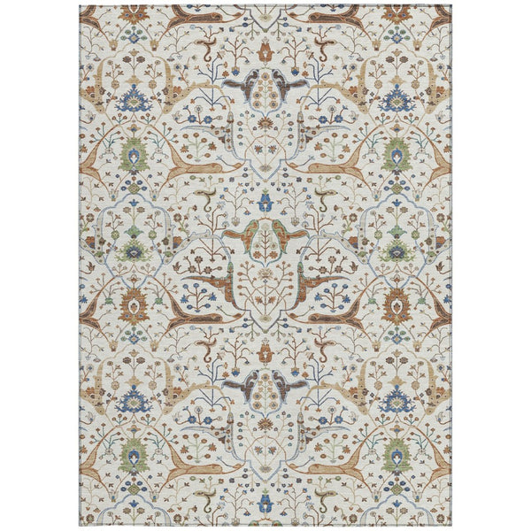 HomeRoots 9' X 12' Elegant Floral Area Rug in Ivory, Copper & Blue – Washable for Indoor & Outdoor Use! 640450