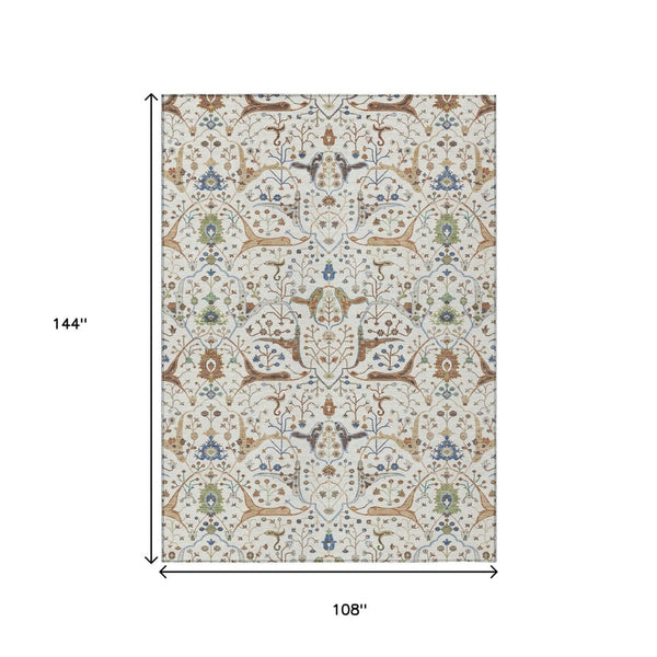 HomeRoots 9' X 12' Elegant Floral Area Rug in Ivory, Copper & Blue – Washable for Indoor & Outdoor Use! 640450