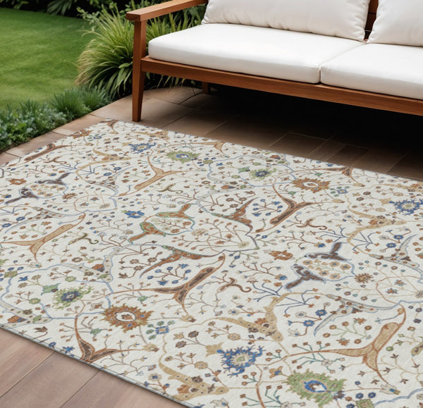 HomeRoots 10' X 14' Elegant Ivory, Copper & Blue Floral Washable Rug - Perfect for Indoor & Outdoor Use! 640451