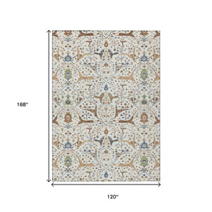 HomeRoots 10' X 14' Elegant Ivory, Copper & Blue Floral Washable Rug - Perfect for Indoor & Outdoor Use! 640451