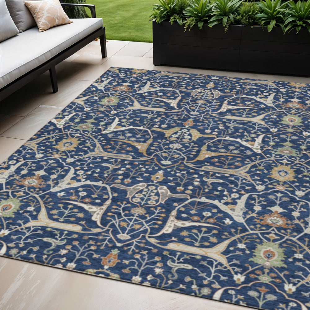 HomeRoots 5' Navy Blue, Ivory, and Gold Floral Area Rug – Washable, Durable, Perfect for Indoor & Outdoor Use! 640453