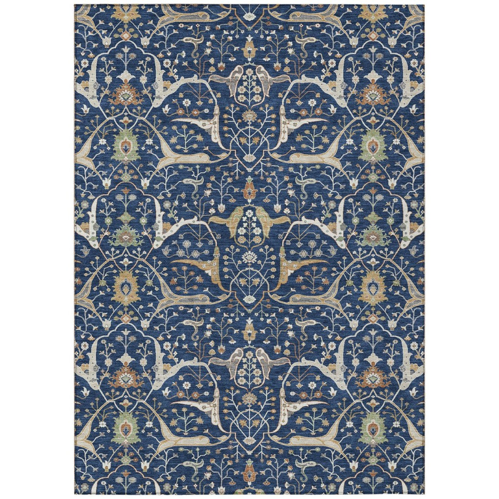 HomeRoots 5' Navy Blue, Ivory, and Gold Floral Area Rug – Washable, Durable, Perfect for Indoor & Outdoor Use! 640453