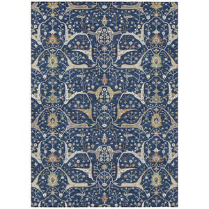 HomeRoots 5' Navy Blue, Ivory, and Gold Floral Area Rug – Washable, Durable, Perfect for Indoor & Outdoor Use! 640453