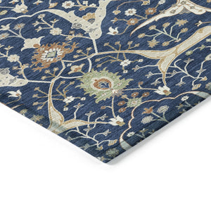 HomeRoots 5' Navy Blue, Ivory, and Gold Floral Area Rug – Washable, Durable, Perfect for Indoor & Outdoor Use! 640453