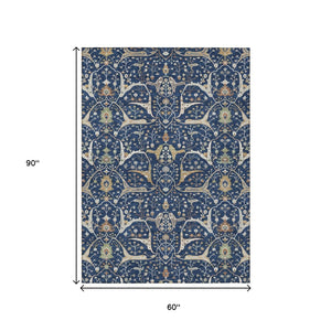 HomeRoots 5' Navy Blue, Ivory, and Gold Floral Area Rug – Washable, Durable, Perfect for Indoor & Outdoor Use! 640453
