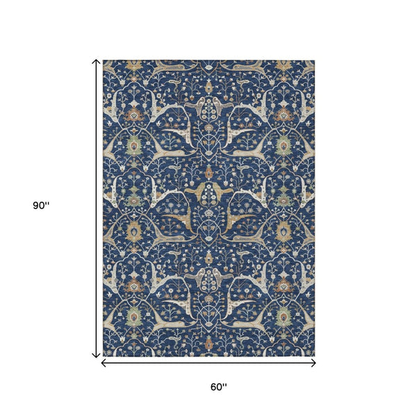 HomeRoots 5' Navy Blue, Ivory, and Gold Floral Area Rug – Washable, Durable, Perfect for Indoor & Outdoor Use! 640453