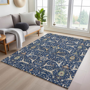 HomeRoots 5' Navy Blue, Ivory, and Gold Floral Area Rug – Washable, Durable, Perfect for Indoor & Outdoor Use! 640453