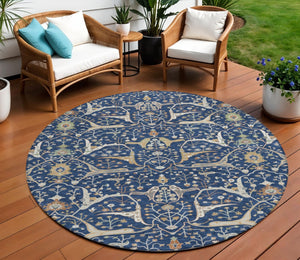 HomeRoots 8' Navy Blue Floral Area Rug – Elegant Indoor/Outdoor Washable Design for High-Traffic Spaces 640454