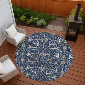 HomeRoots 8' Navy Blue Floral Area Rug – Elegant Indoor/Outdoor Washable Design for High-Traffic Spaces 640454