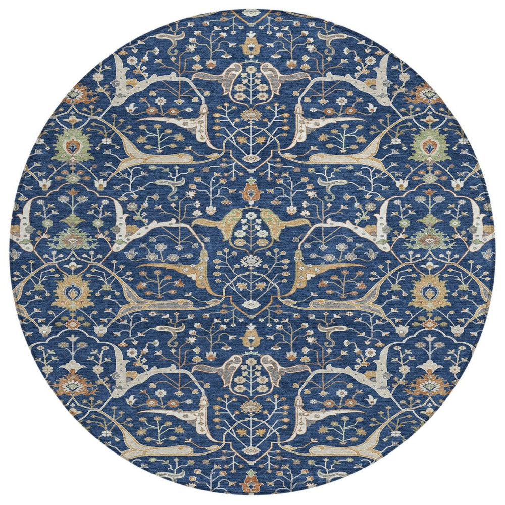 HomeRoots 8' Navy Blue Floral Area Rug – Elegant Indoor/Outdoor Washable Design for High-Traffic Spaces 640454