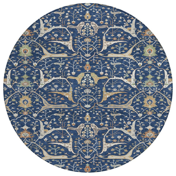 HomeRoots 8' Navy Blue Floral Area Rug – Elegant Indoor/Outdoor Washable Design for High-Traffic Spaces 640454