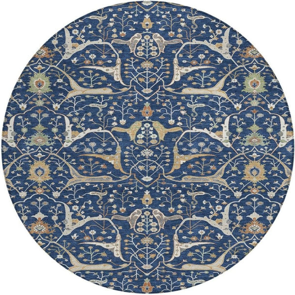 HomeRoots 8' Navy Blue Floral Area Rug – Elegant Indoor/Outdoor Washable Design for High-Traffic Spaces 640454
