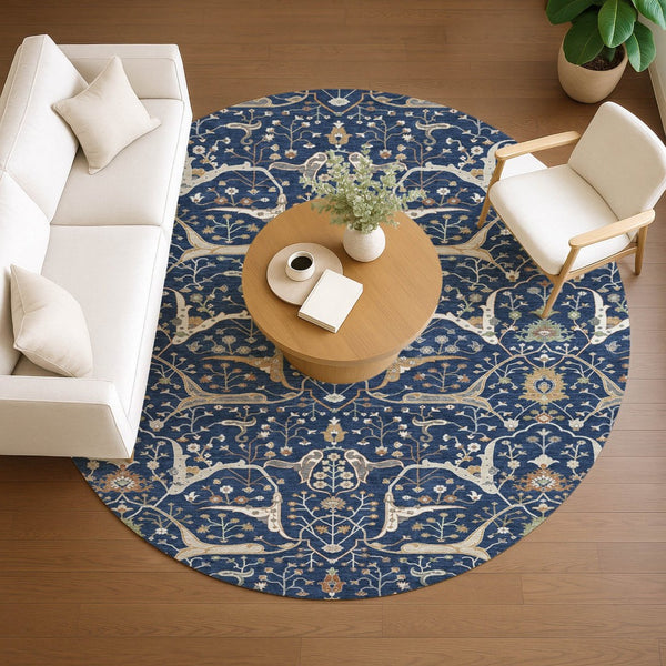 HomeRoots 8' Navy Blue Floral Area Rug – Elegant Indoor/Outdoor Washable Design for High-Traffic Spaces 640454