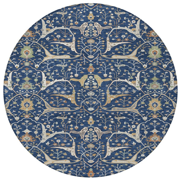 HomeRoots 8' Navy Blue Floral Area Rug – Elegant Indoor/Outdoor Washable Design for High-Traffic Spaces 640454