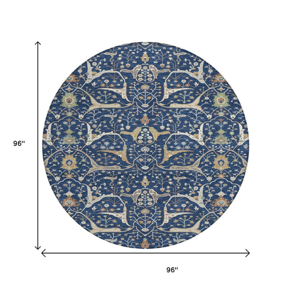 HomeRoots 8' Navy Blue Floral Area Rug – Elegant Indoor/Outdoor Washable Design for High-Traffic Spaces 640454