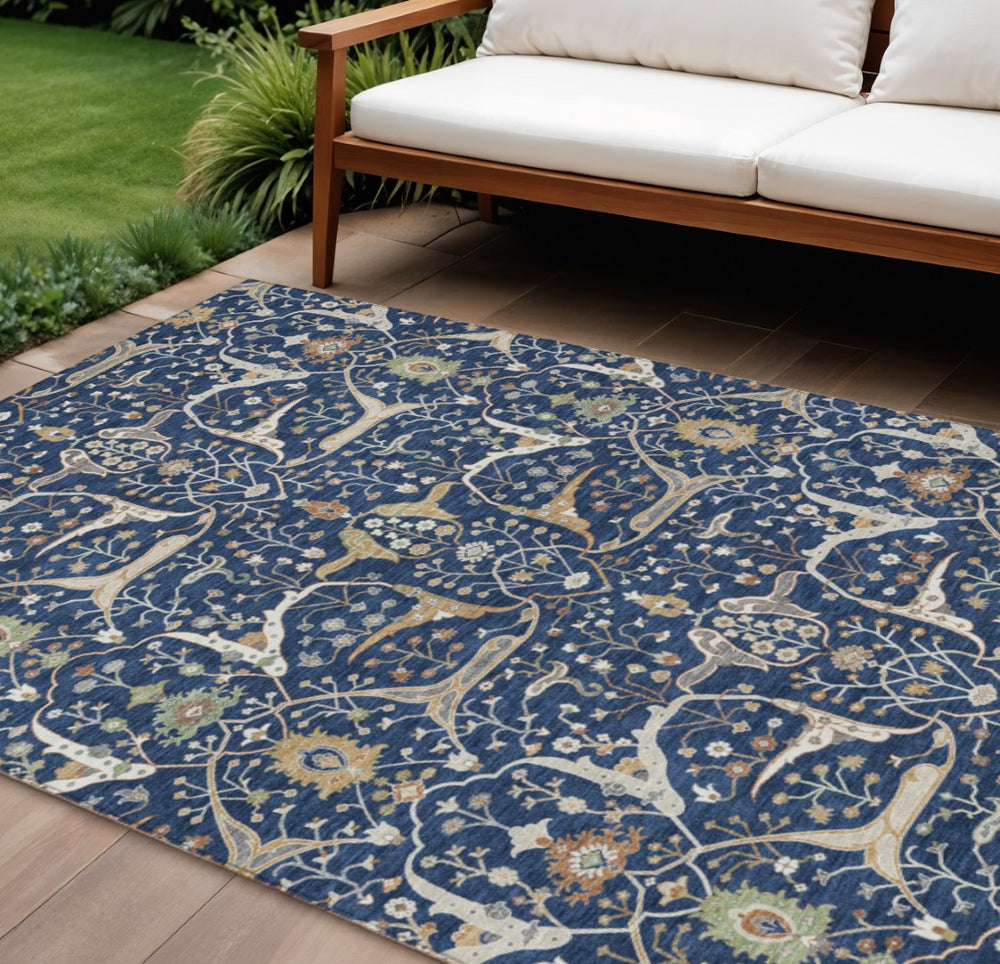 HomeRoots 8' X 10' Navy Blue, Ivory & Gold Floral Area Rug - Durable, Washable Design for Indoor/Outdoor Use 640455