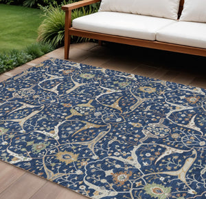 HomeRoots 8' X 10' Navy Blue, Ivory & Gold Floral Area Rug - Durable, Washable Design for Indoor/Outdoor Use 640455