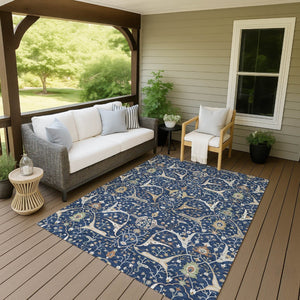 HomeRoots 8' X 10' Navy Blue, Ivory & Gold Floral Area Rug - Durable, Washable Design for Indoor/Outdoor Use 640455