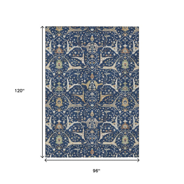 HomeRoots 8' X 10' Navy Blue, Ivory & Gold Floral Area Rug - Durable, Washable Design for Indoor/Outdoor Use 640455
