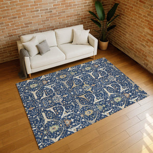 HomeRoots 8' X 10' Navy Blue, Ivory & Gold Floral Area Rug - Durable, Washable Design for Indoor/Outdoor Use 640455