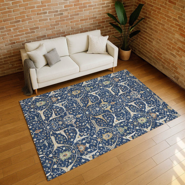 HomeRoots 8' X 10' Navy Blue, Ivory & Gold Floral Area Rug - Durable, Washable Design for Indoor/Outdoor Use 640455