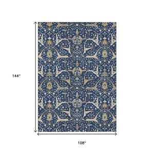 HomeRoots 9' X 12' Navy Blue Floral Area Rug - Durable, Machine-Washable, Ideal for Indoor & Outdoor Living Spaces 640456