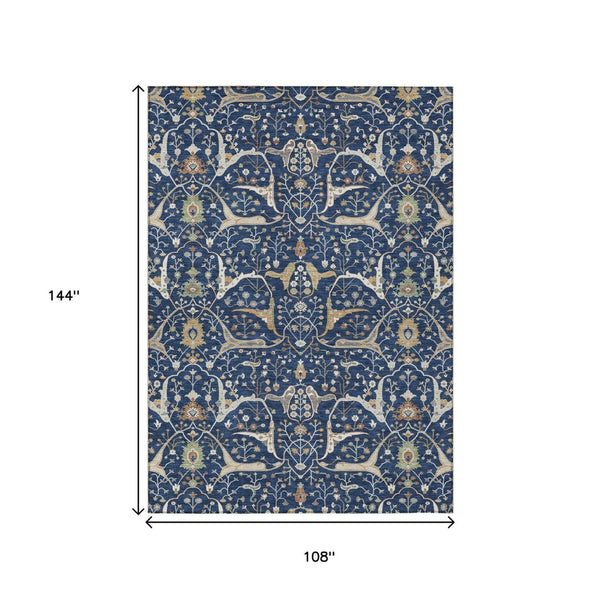 HomeRoots 9' X 12' Navy Blue Floral Area Rug - Durable, Machine-Washable, Ideal for Indoor & Outdoor Living Spaces 640456