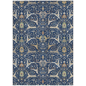 HomeRoots 10' Navy Blue, Ivory & Gold Floral Washable Area Rug - Durable Indoor/Outdoor Design for Any Space 640457