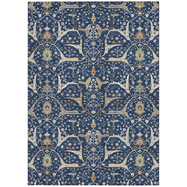 HomeRoots 10' Navy Blue, Ivory & Gold Floral Washable Area Rug - Durable Indoor/Outdoor Design for Any Space 640457