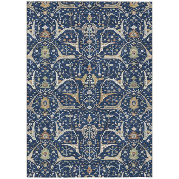 HomeRoots 10' Navy Blue, Ivory & Gold Floral Washable Area Rug - Durable Indoor/Outdoor Design for Any Space 640457