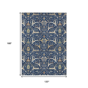 HomeRoots 10' Navy Blue, Ivory & Gold Floral Washable Area Rug - Durable Indoor/Outdoor Design for Any Space 640457