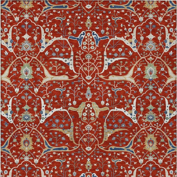 HomeRoots 5' Indoor Outdoor Floral Area Rug - Red, Blue, Ivory - Washable, Durable, Stain Resistant Design! 640459