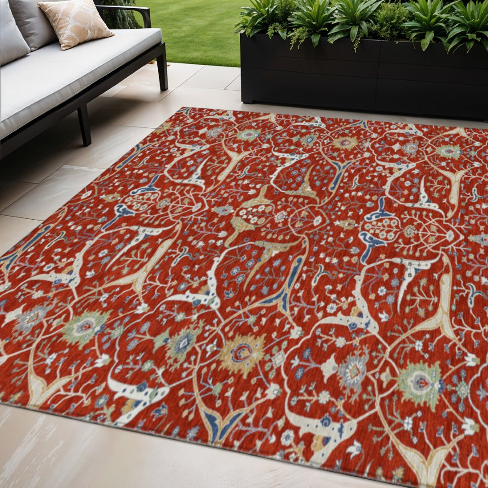 HomeRoots 5' Indoor Outdoor Floral Area Rug - Red, Blue, Ivory - Washable, Durable, Stain Resistant Design! 640459