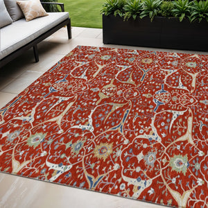 HomeRoots 5' Indoor Outdoor Floral Area Rug - Red, Blue, Ivory - Washable, Durable, Stain Resistant Design! 640459