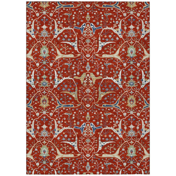 HomeRoots 5' Indoor Outdoor Floral Area Rug - Red, Blue, Ivory - Washable, Durable, Stain Resistant Design! 640459