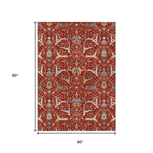 HomeRoots 5' Indoor Outdoor Floral Area Rug - Red, Blue, Ivory - Washable, Durable, Stain Resistant Design! 640459