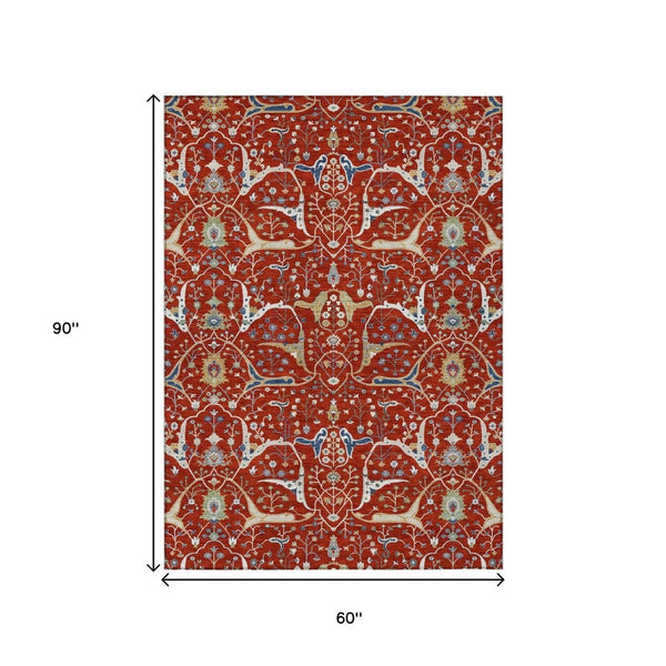 HomeRoots 5' Indoor Outdoor Floral Area Rug - Red, Blue, Ivory - Washable, Durable, Stain Resistant Design! 640459