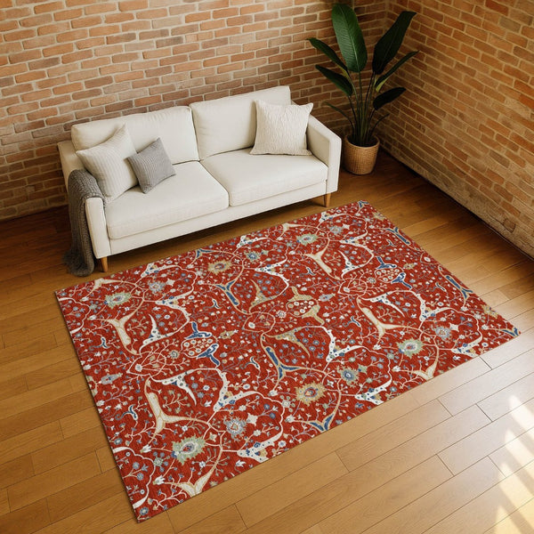 HomeRoots 5' Indoor Outdoor Floral Area Rug - Red, Blue, Ivory - Washable, Durable, Stain Resistant Design! 640459