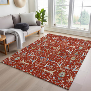HomeRoots 5' Indoor Outdoor Floral Area Rug - Red, Blue, Ivory - Washable, Durable, Stain Resistant Design! 640459