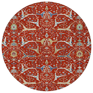 HomeRoots 8' Round Floral Area Rug in Red, Blue & Ivory – Washable, Durable for Indoor/Outdoor Use, Easy Care 640460