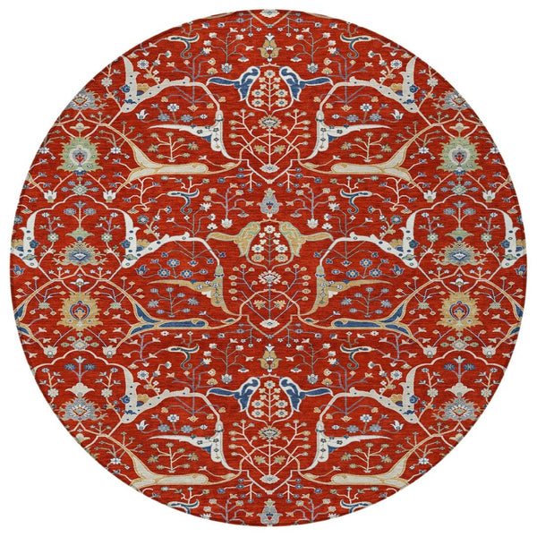 HomeRoots 8' Round Floral Area Rug in Red, Blue & Ivory – Washable, Durable for Indoor/Outdoor Use, Easy Care 640460