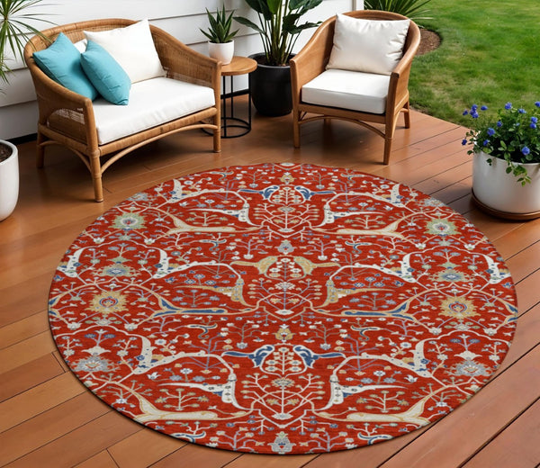 HomeRoots 8' Round Floral Area Rug in Red, Blue & Ivory – Washable, Durable for Indoor/Outdoor Use, Easy Care 640460
