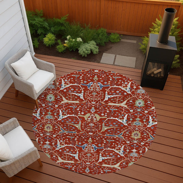 HomeRoots 8' Round Floral Area Rug in Red, Blue & Ivory – Washable, Durable for Indoor/Outdoor Use, Easy Care 640460