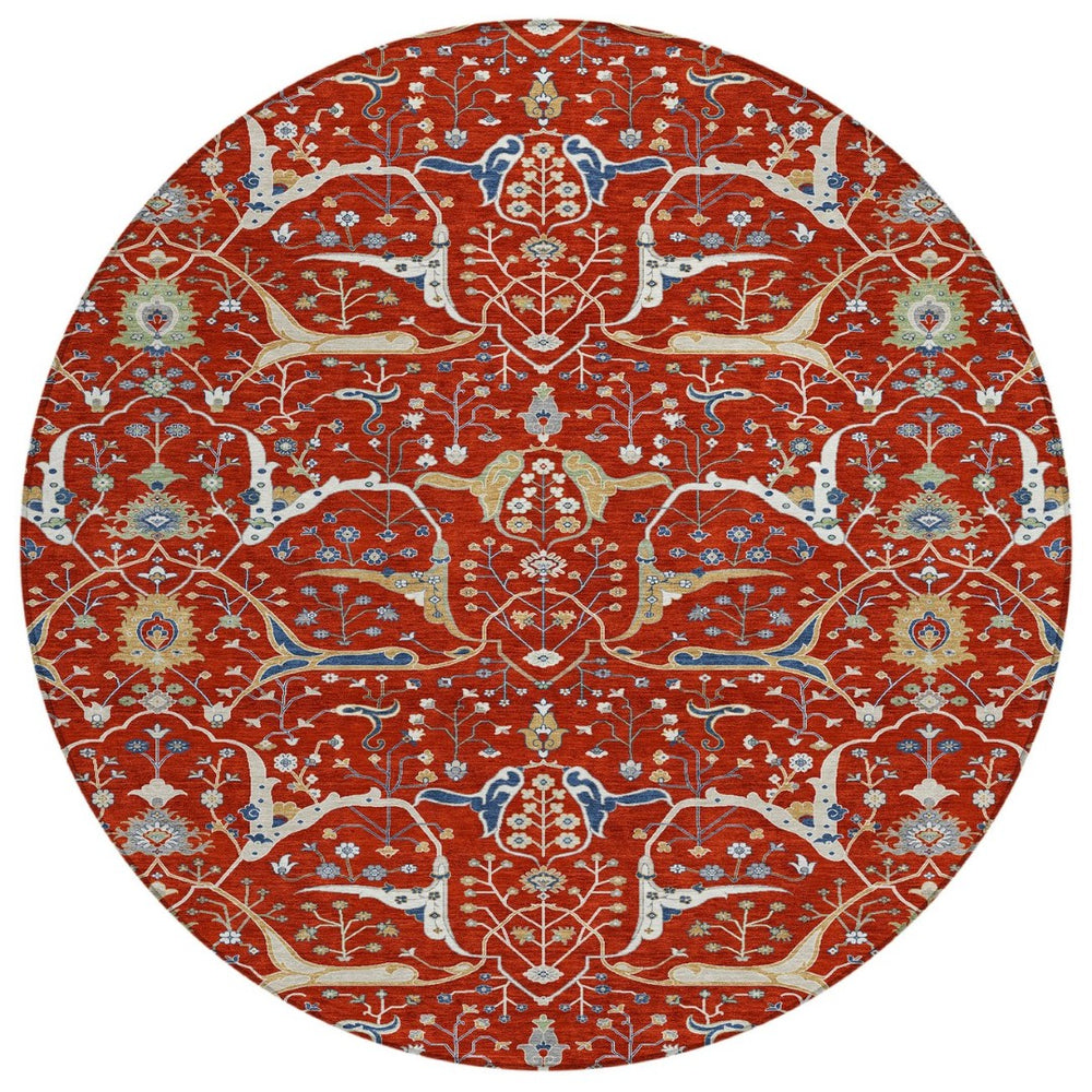 HomeRoots 8' Round Floral Area Rug in Red, Blue & Ivory – Washable, Durable for Indoor/Outdoor Use, Easy Care 640460